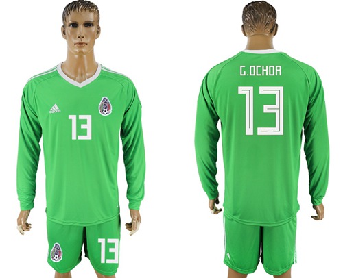 Mexico #13 G.Ochoa Shiny Green Long Sleeves Goalkeeper Soccer Country Jersey